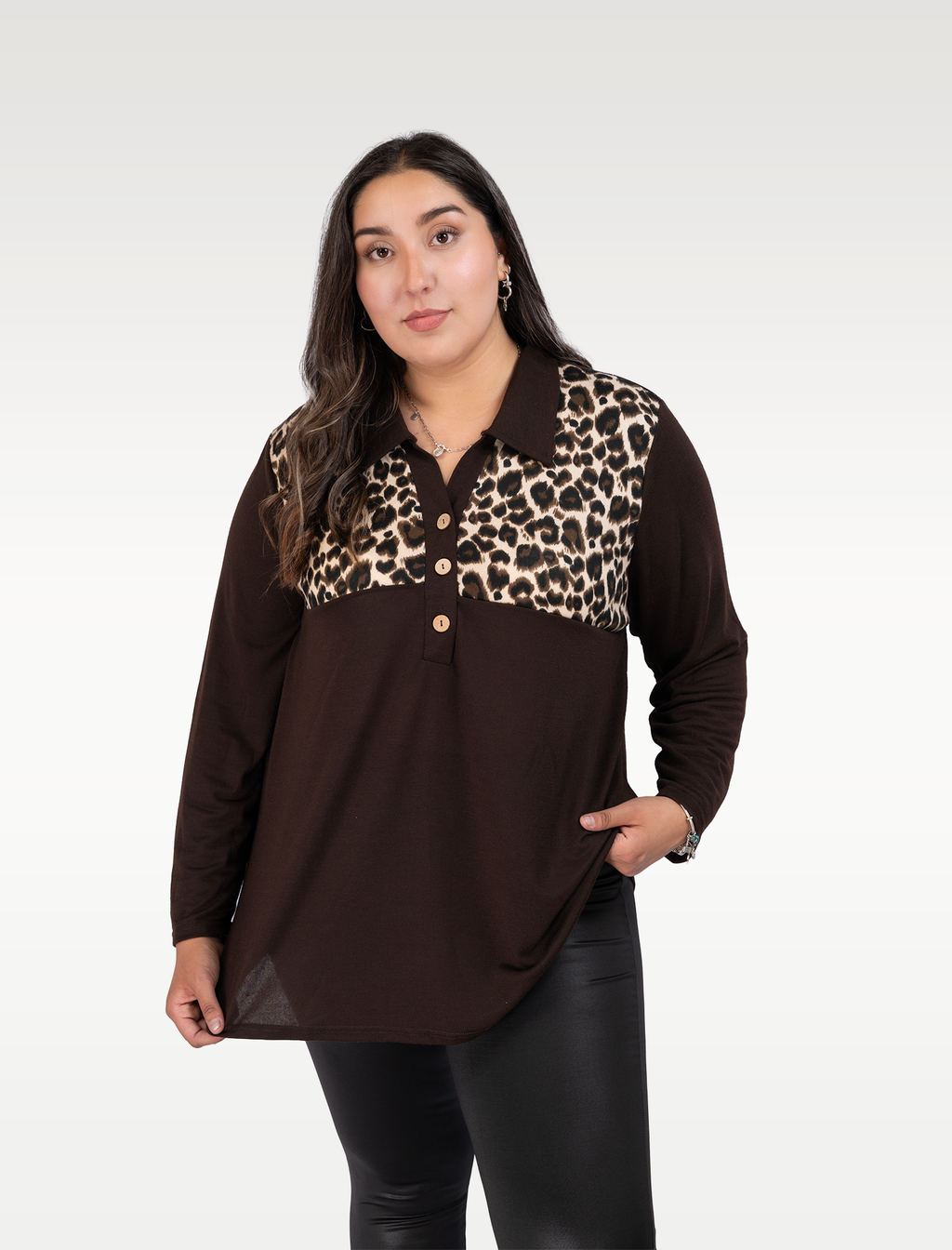 Polera Larga Lanilla Animal Print Escote V - Tallas Grandes Chile