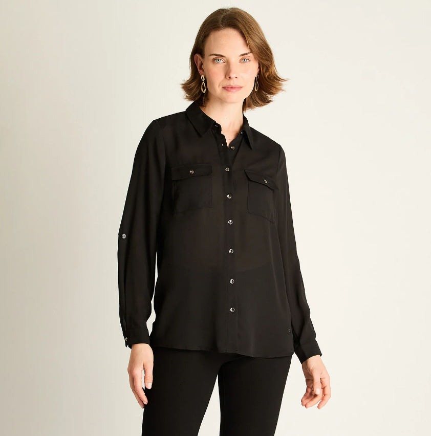 Camisa Negra Mujer Gasa Manga Ajustable - Versátil Ozare Chile