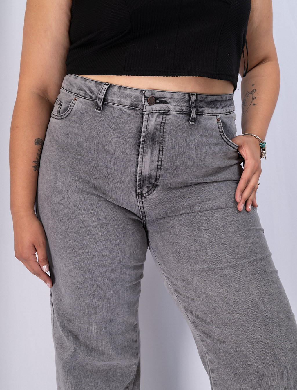 Jeans Wide Leg Gris Mujer Tiro Alto - Plus Size Talla Grande Chile