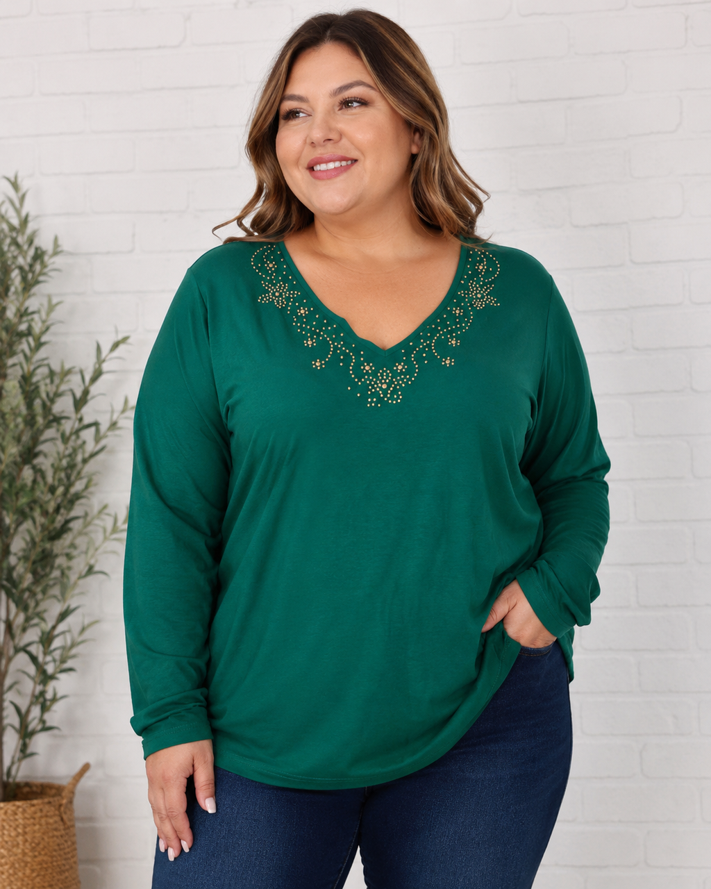 Polera Manga Larga en Escote V - Mujer Talla Grande – Plus Size