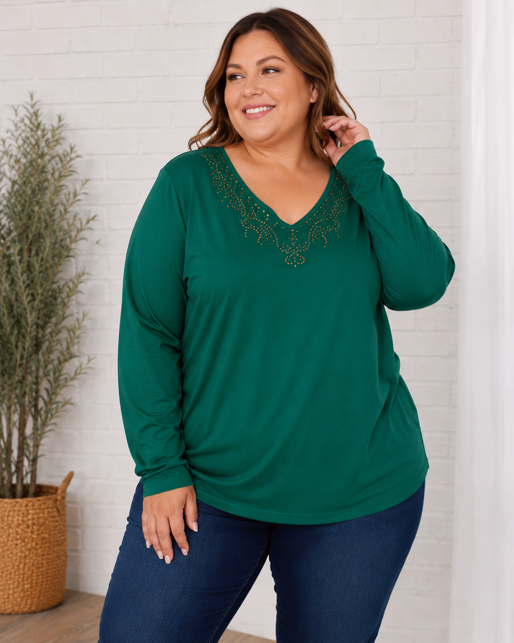 Polera Manga Larga en Escote V - Mujer Talla Grande – Plus Size