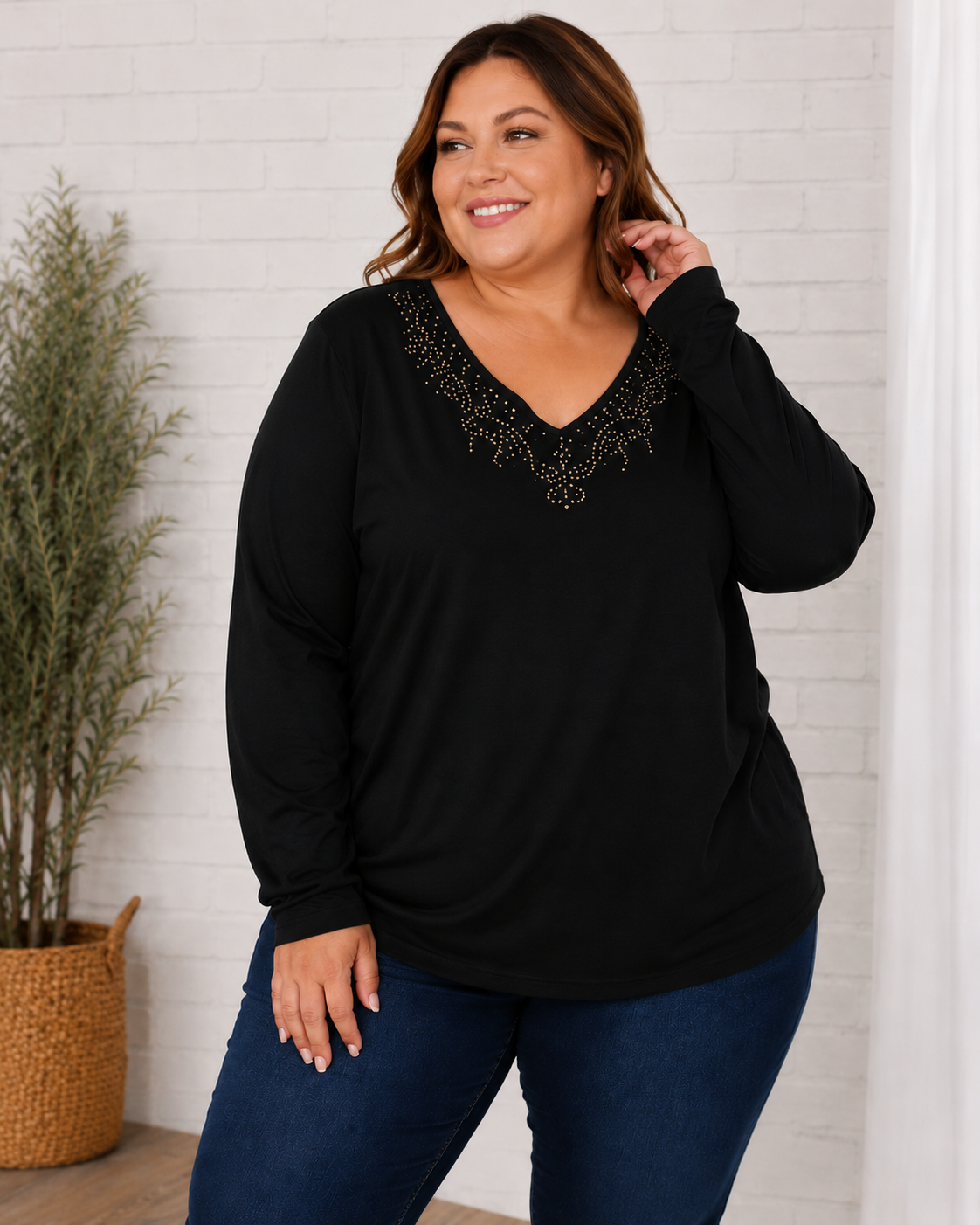 Polera Manga Larga en Escote V - Mujer Talla Grande – Plus Size