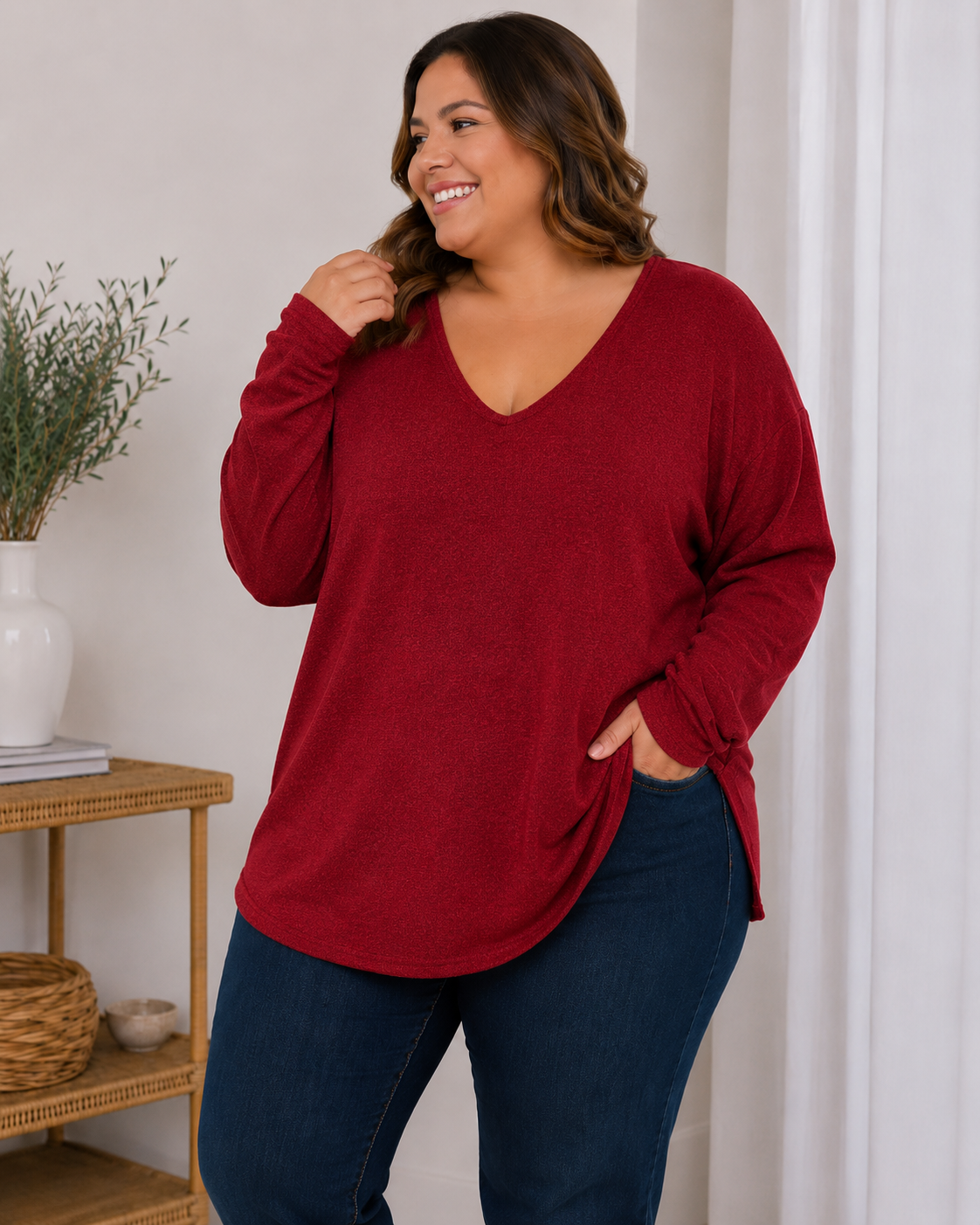 Polera de Lanilla Suave Escote V Mujer Talla Grande – Plus Size Ozare Chile