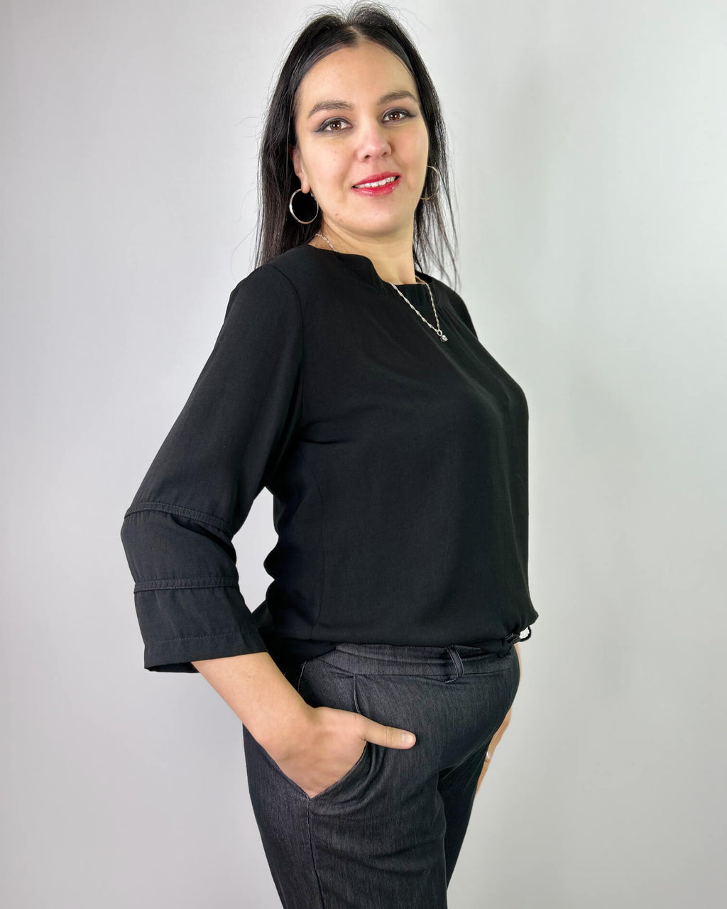 Polera Manga 3/4 Negra Mujer  - Elegante Ozare Chile