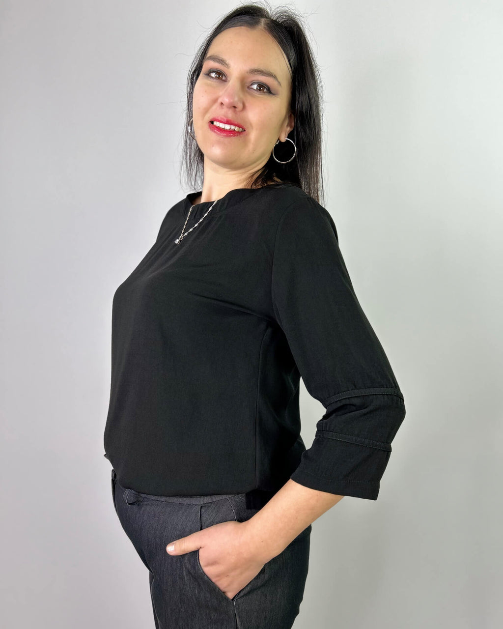 Polera Manga 3/4 Negra Mujer  - Elegante Ozare Chile