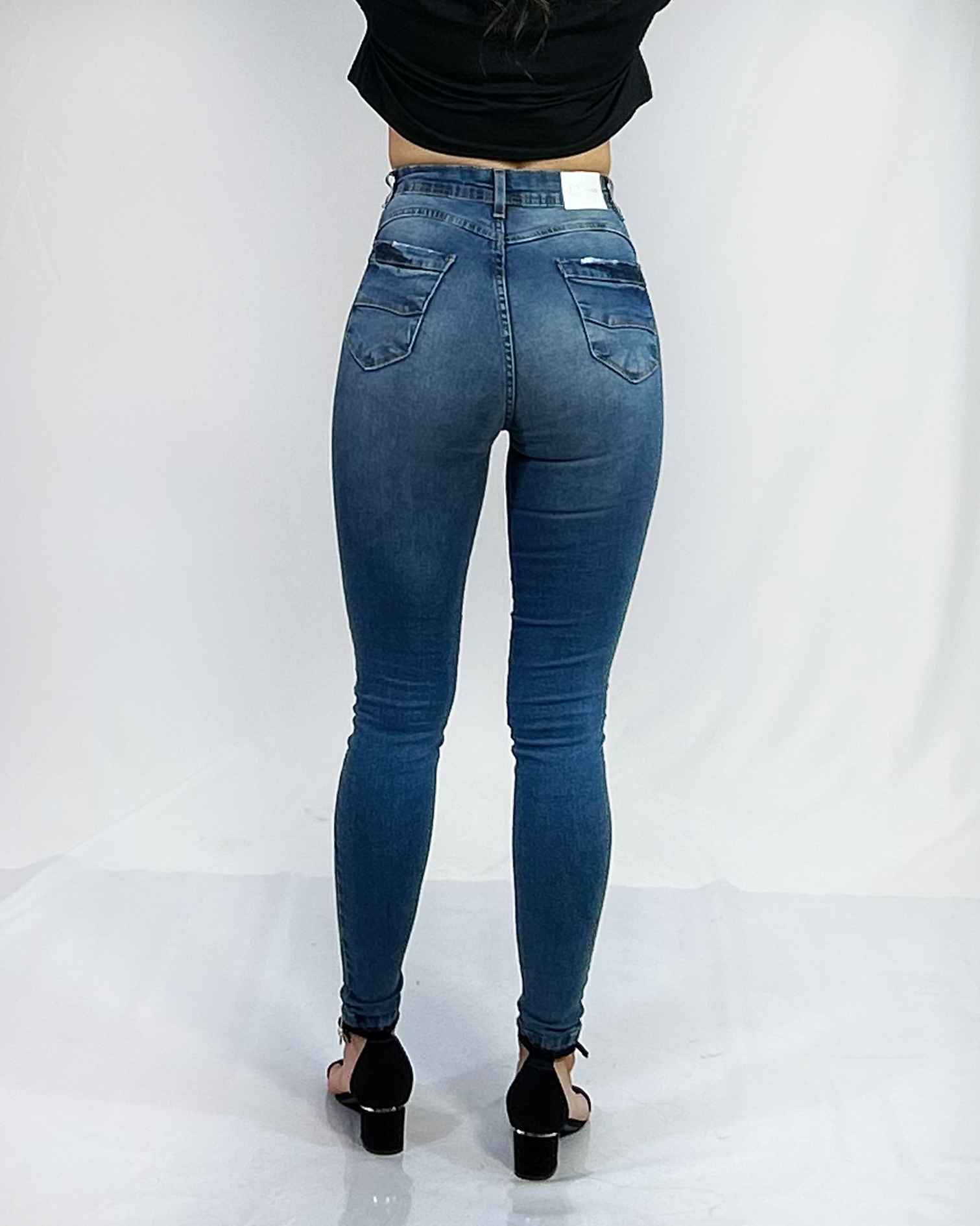 Jeans Pitillo Azul Desgastado con Faja Mujer - Plus Size Chile