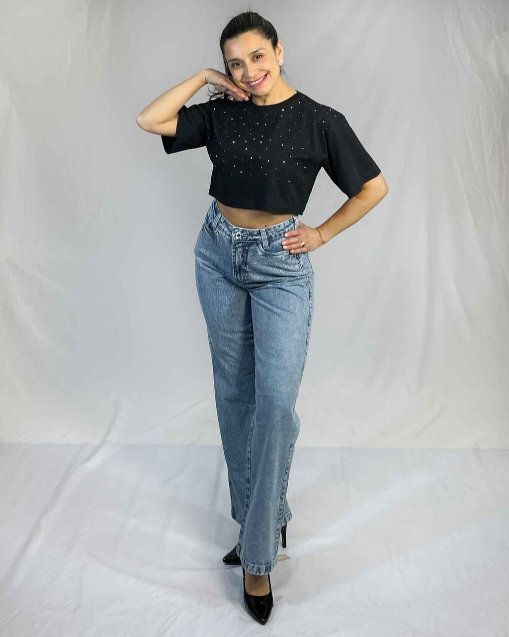 Jeans Wide Leg Celeste Tiro Alto Mujer Plus Size - Push Up Chile