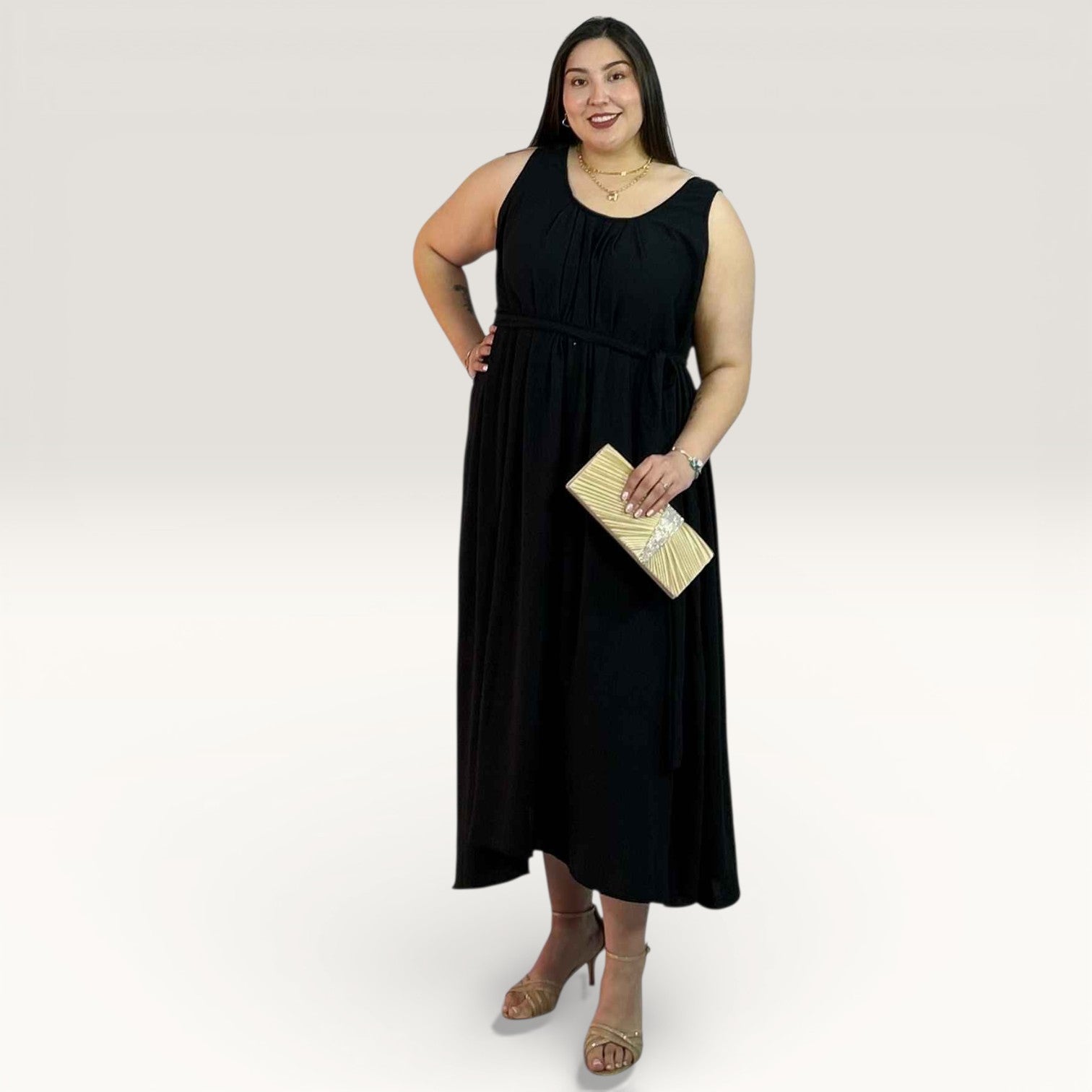 Vestido Largo Negro con Cinto Mujer Talla Grande - Elegante Plus Size Chile