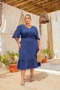 Vestido Azul Manga Mujer Talla Grande - Elegante Plus Size Chile
